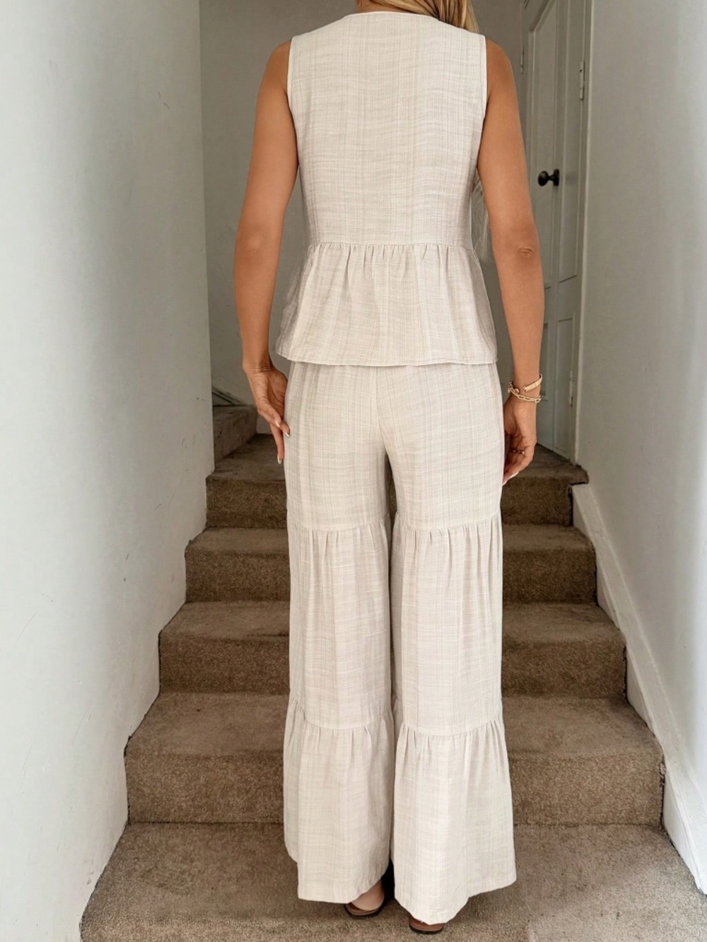 Boho Floral Detail Front Tie Sleeveless Top Wide Leg Pants Set - Picture 5 of 5